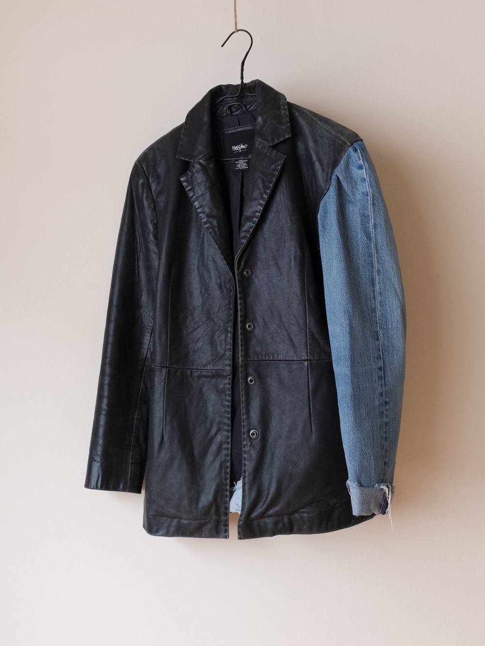 Mossimo Supply Co. Black Leather Jacket with Blue Denim Sleeve
